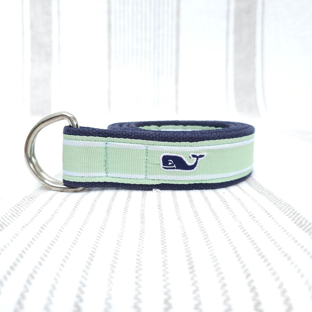 Vineyard Vines D-Ring Belt Mens XL Green Navy Whale Stripe Preppy Nautical